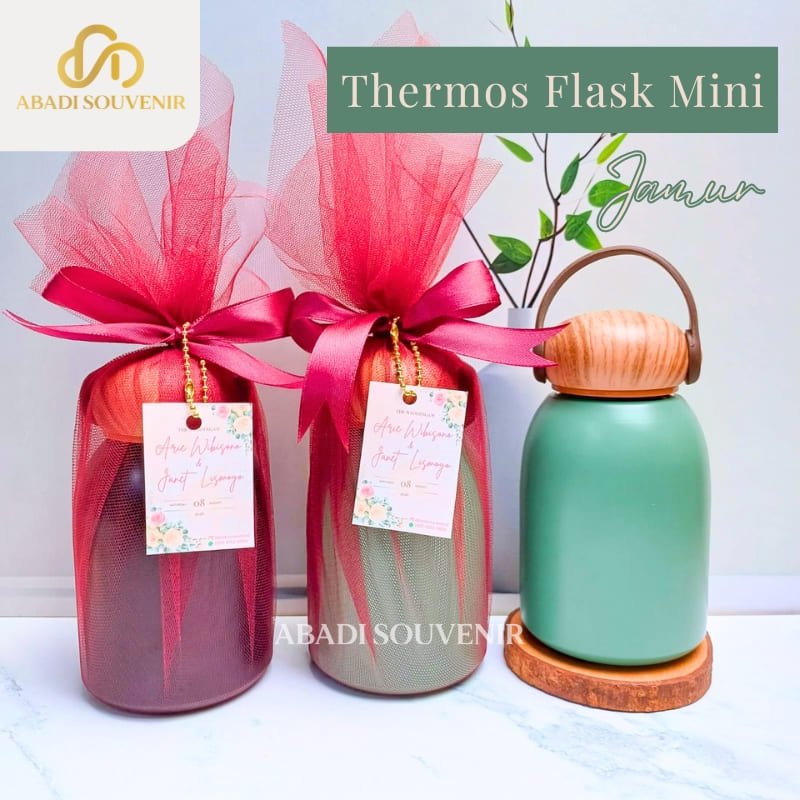 Souvenir Thermos Jamur Mini Tutup Kayu Custom – Kemas Tile & Pita / Flask Stainless Steel