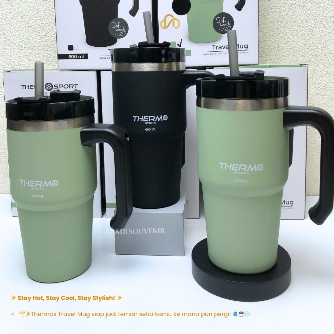 Mug Travel Gagang 600Ml Thermos Sport Stainless Free Sedotan Thermos Travel Mug - Gambar 3