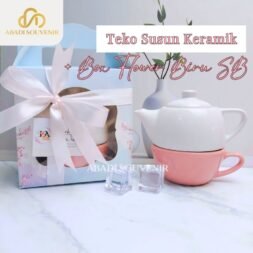 Teko Susun Keramik + Box Flower Biru SB Include Kartu Ucapan