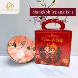 Souvenir Mangkok Jepang Set Isi 1 + Custom Full Box Merah Mewah / Hampers Pernikahan Elegan