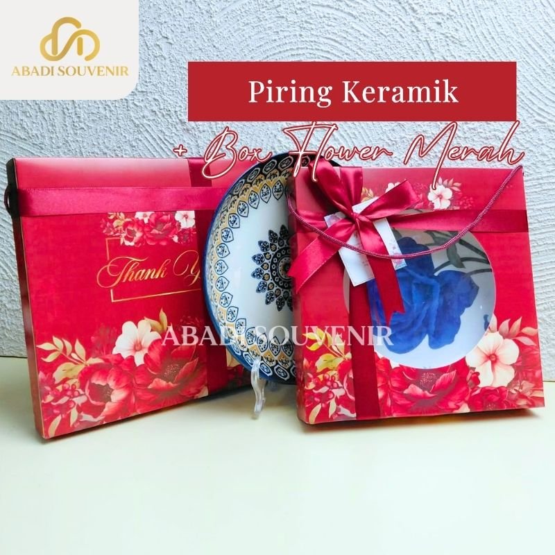 Piring Keramik Cantik + Box Flower Merah Eksklusif